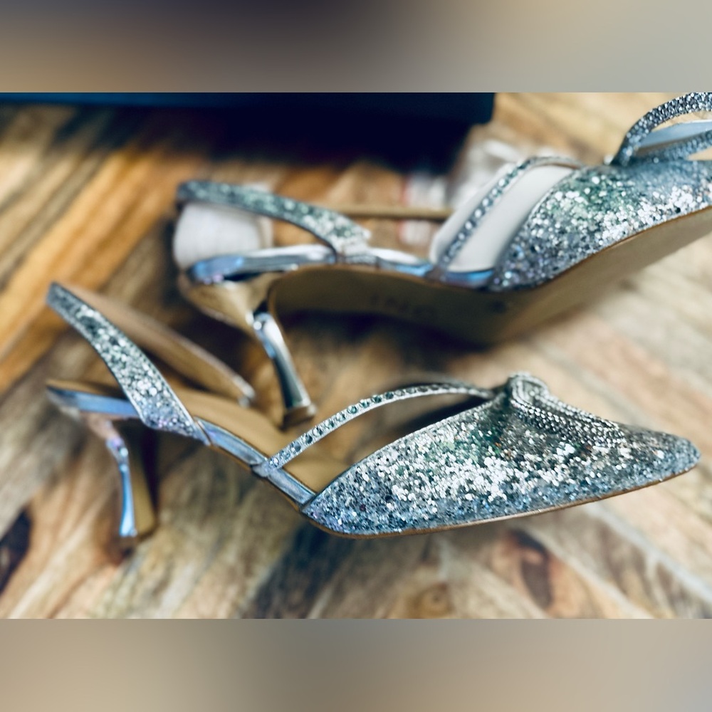 INC Formal Evening Prom Shoe NIB sz 6 slingback silver glitter & rhinestones - Picture 3 of 8